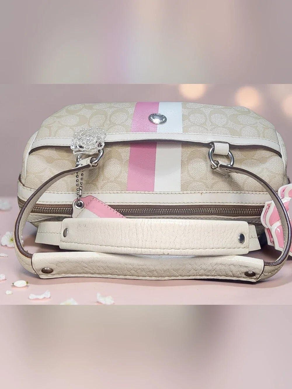 Coach Beige Signature Satchel with Pink and White Stripes